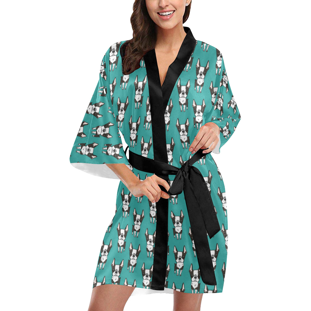 Boston Terrier Pattern Print Design 04 Women's Short Kimono