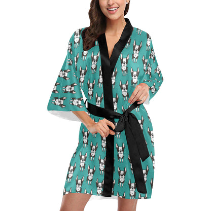 Boston Terrier Pattern Print Design 04 Women's Short Kimono