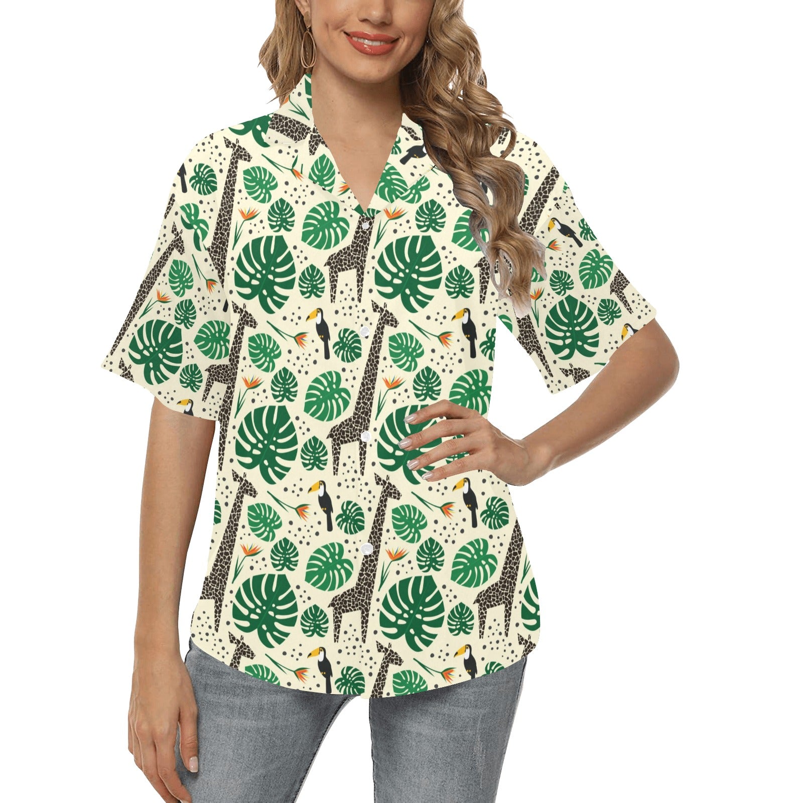 Rainforest Giraffe Pattern Print Design A02 Women's Hawaiian Shirt