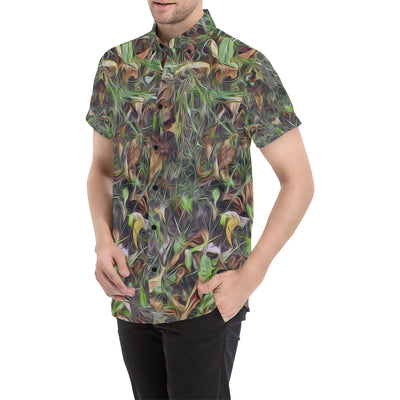 Camouflage Realistic Tree Print Men's Short Sleeve Button Up Shirt