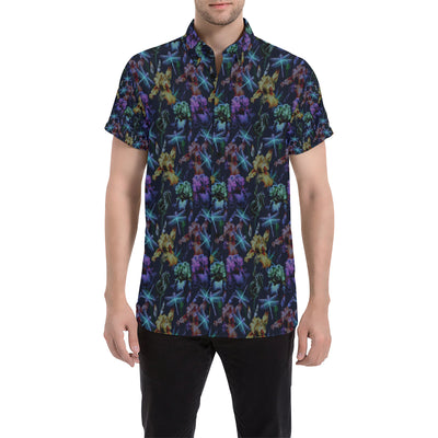 Dragonfly With Floral Print Pattern Men's Short Sleeve Button Up Shirt