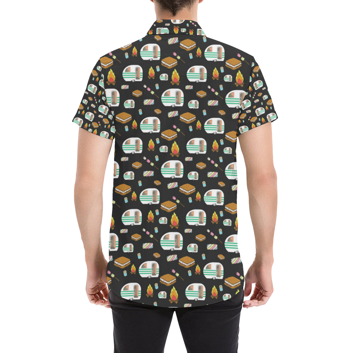 Camper marshmallow Camping Design Print Men's Short Sleeve Button Up Shirt