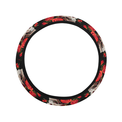 Red Rose Skull Design Print Steering Wheel Cover with Elastic Edge