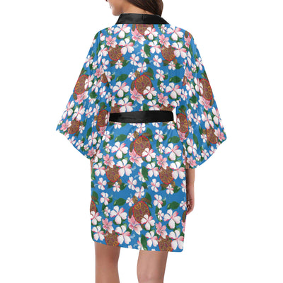 Sea Turtle Pink Hibiscus Hawaiian Print Women Kimono Robe