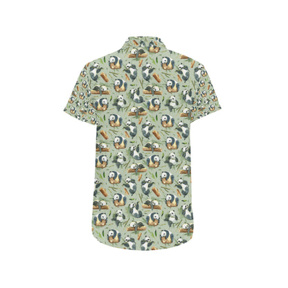 Panda Bear Design Bamboo Print Men's Short Sleeve Button Up Shirt