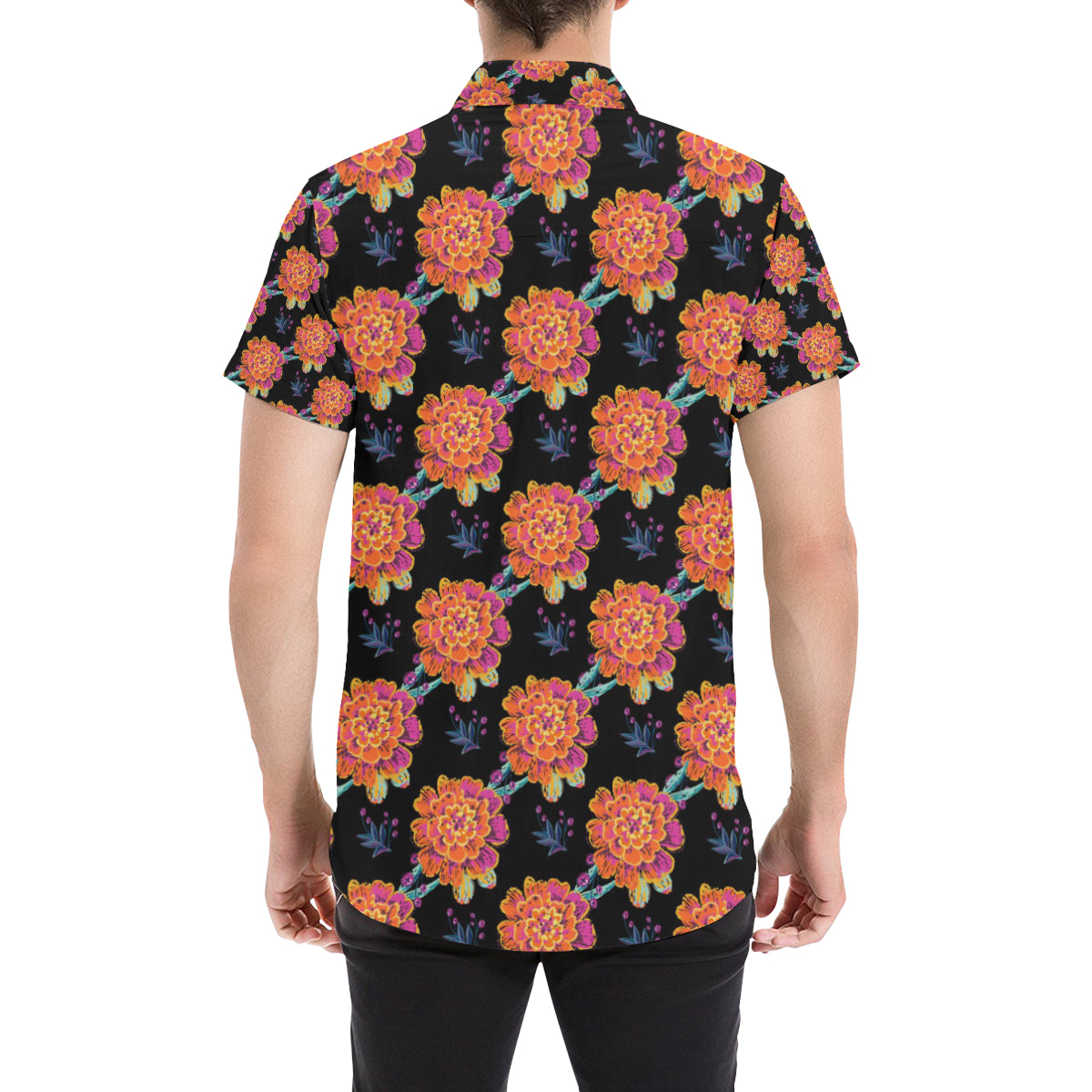 Marigold Pattern Print Design MR04 Men's Short Sleeve Button Up Shirt