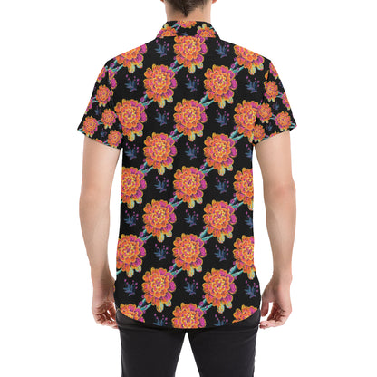 Marigold Pattern Print Design MR04 Men's Short Sleeve Button Up Shirt