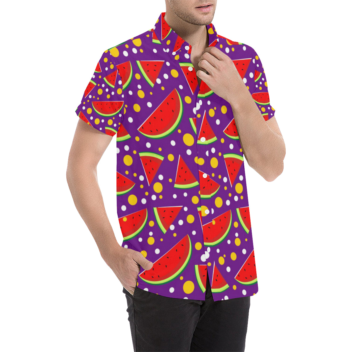 Watermelon Pattern Print Design WM010 Men's Short Sleeve Button Up Shirt