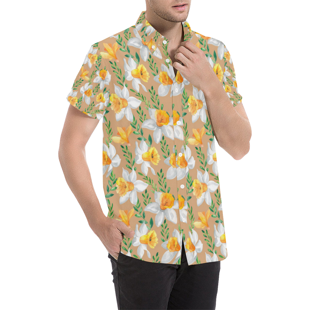 Daffodils Pattern Print Design DF04 Men's Short Sleeve Button Up Shirt
