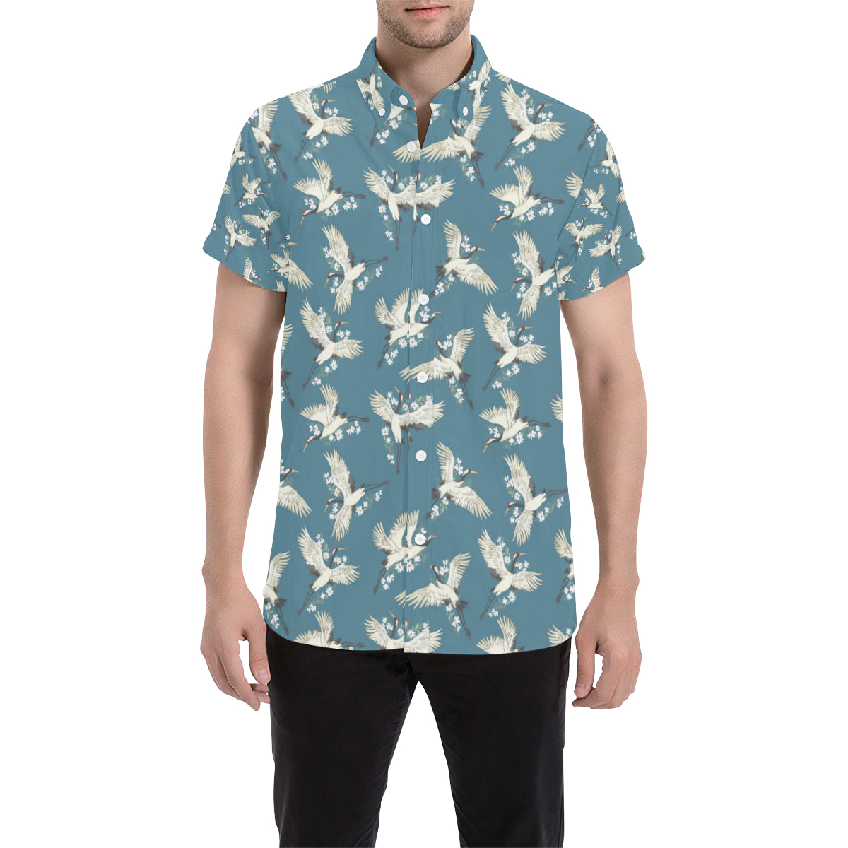 Crane Pattern Print Design 02 Men's Short Sleeve Button Up Shirt