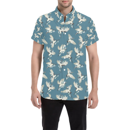 Crane Pattern Print Design 02 Men's Short Sleeve Button Up Shirt