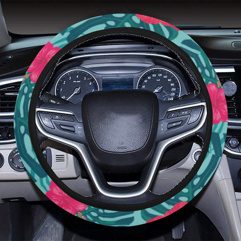 Red Hibiscus Pattern Print Design HB017 Steering Wheel Cover with Elastic Edge