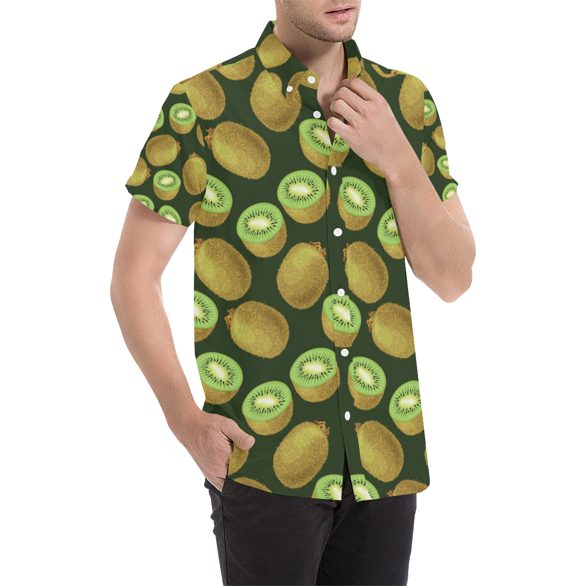 Kiwi Pattern Print Design KW04 Men's Short Sleeve Button Up Shirt