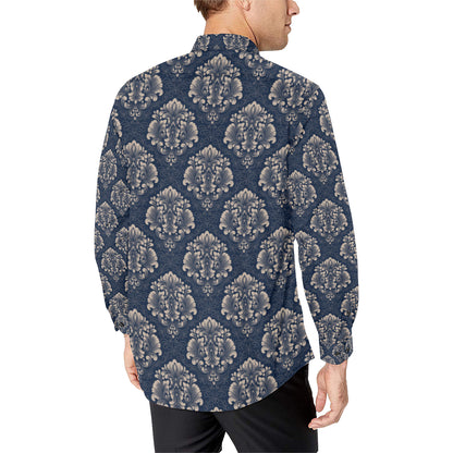 Damask Blue Luxury Print Pattern Men's Long Sleeve Shirt