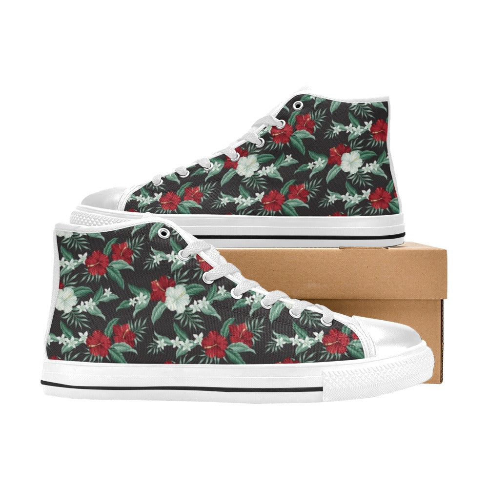 Tropical Flower Print Design LKS303 High Top Women's White Shoes