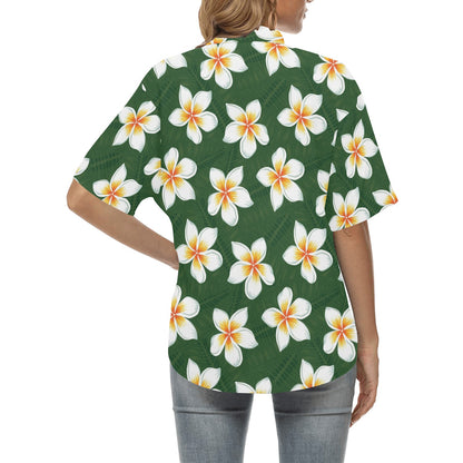 White Plumeria Pattern Print Design PM020 Women's Hawaiian Shirt