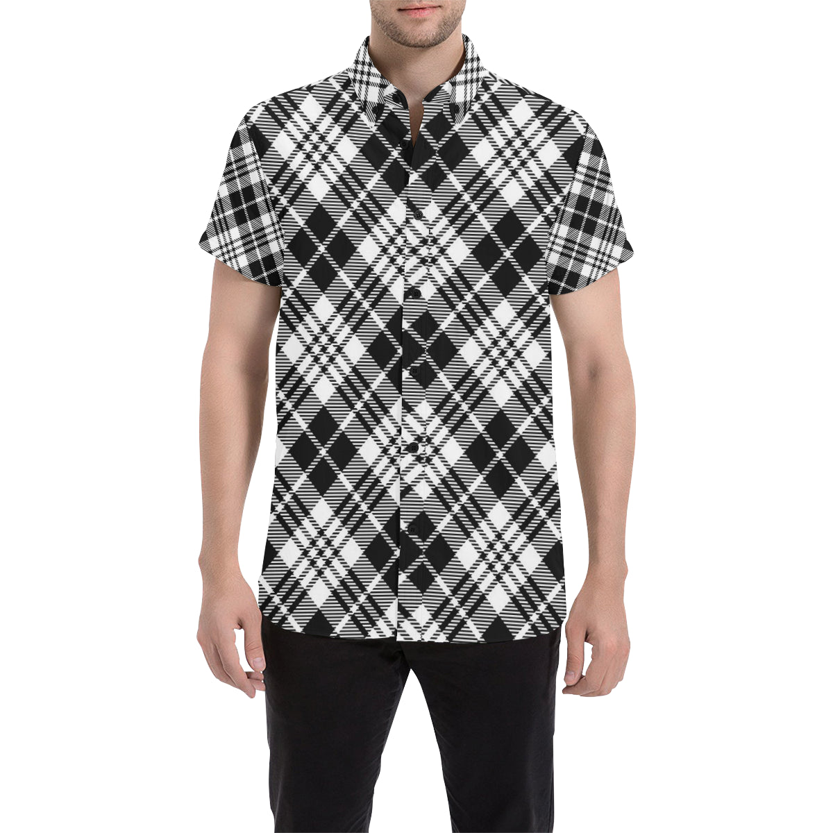 Plaid Black White Pattern Print Design A02 Men's Short Sleeve Button Up Shirt