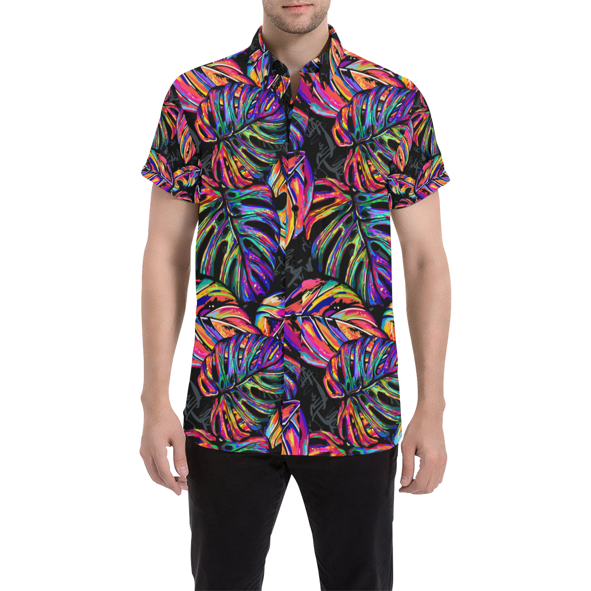 Neon Color Tropical Palm Leaves Men's Short Sleeve Button Up Shirt