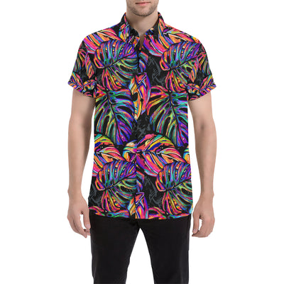 Neon Color Tropical Palm Leaves Men's Short Sleeve Button Up Shirt