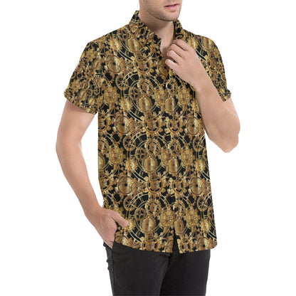 Steampunk Gear Design Themed Print Men's Short Sleeve Button Up Shirt