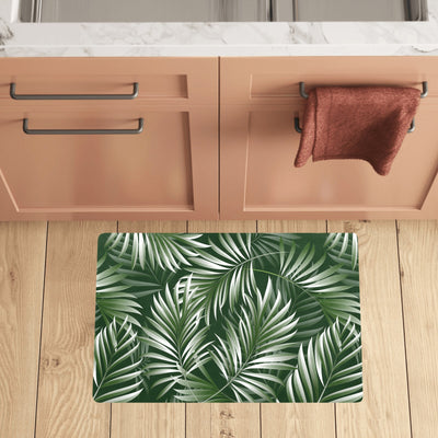 White Green Tropical Palm Leaves Kitchen Mat