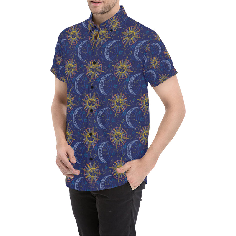 Celestial Moon Sun Pattern Print Design 01 Men's Short Sleeve Button Up Shirt
