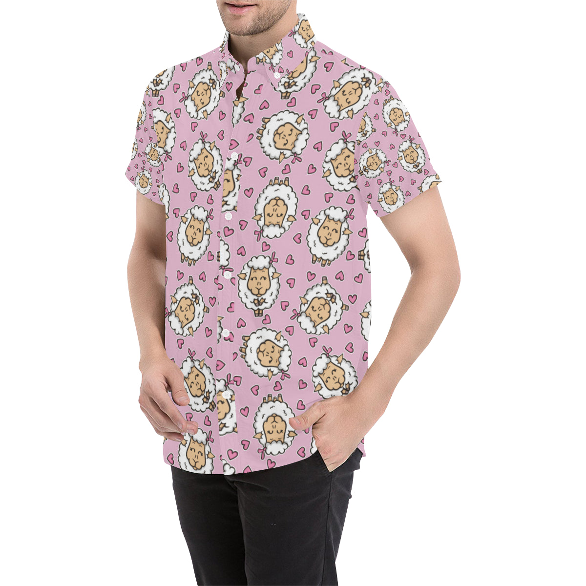 Sheep Cute Pattern Print Design 01 Men's Short Sleeve Button Up Shirt