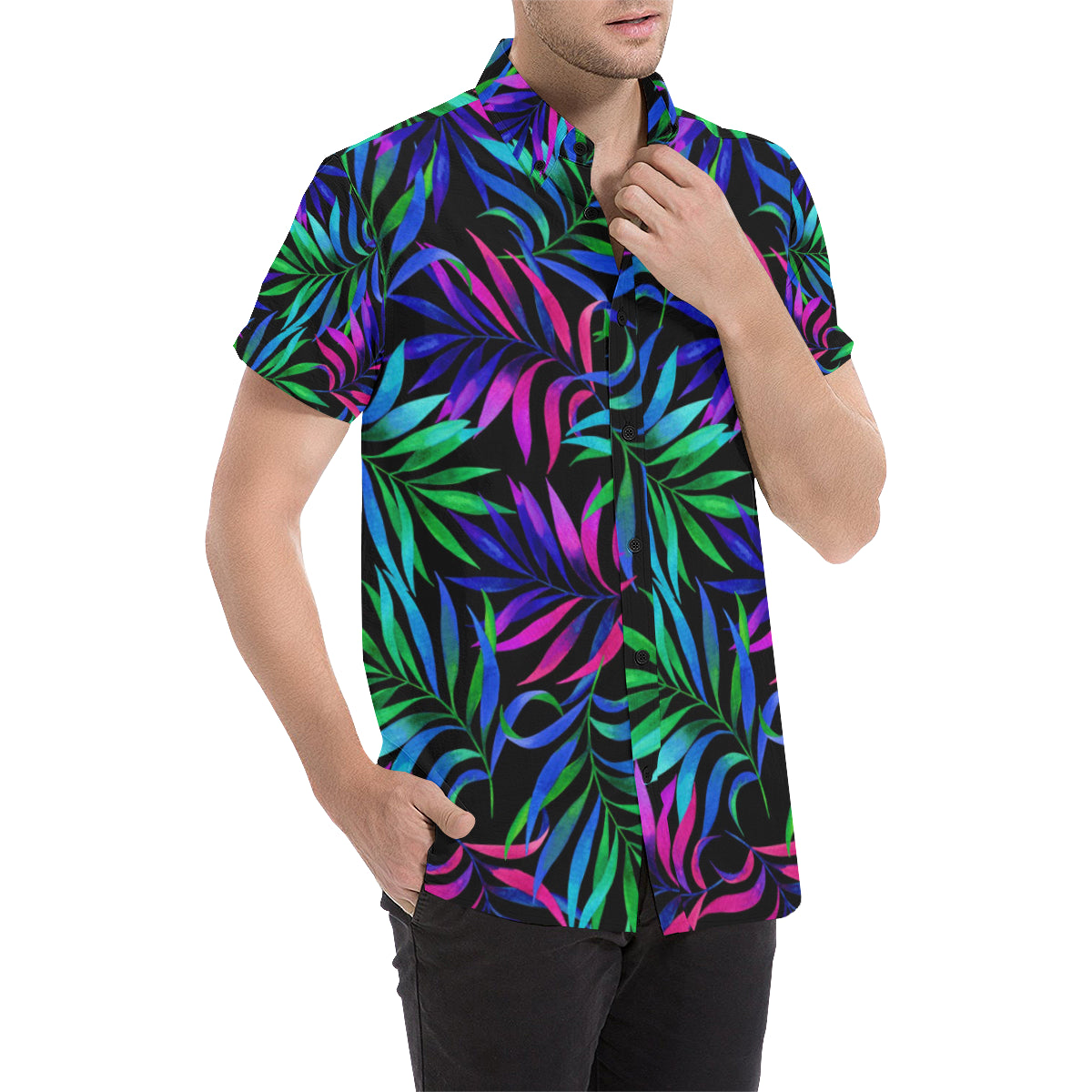 Tropical Flower Pattern Print Design TF010 Men's Short Sleeve Button Up Shirt