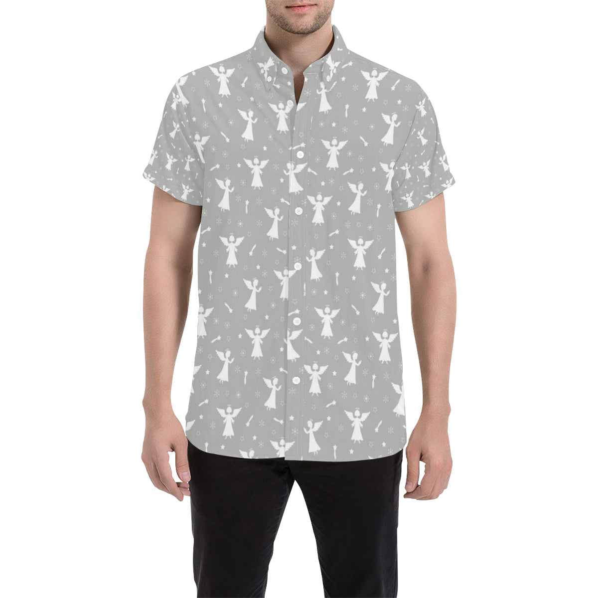 Angel Pattern Print Design 03 Men's Short Sleeve Button Up Shirt