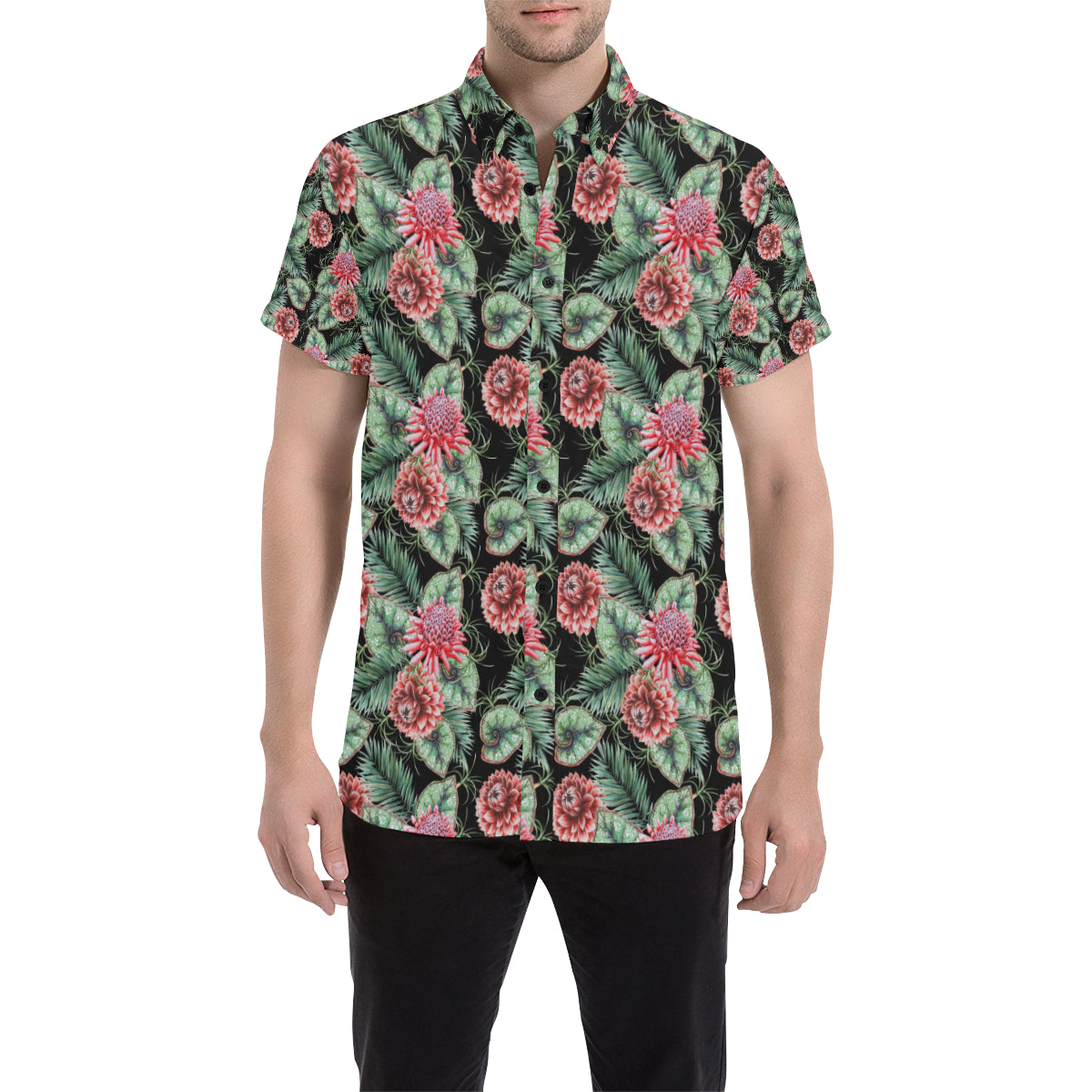 Dahlia Pattern Print Design DH06 Men's Short Sleeve Button Up Shirt