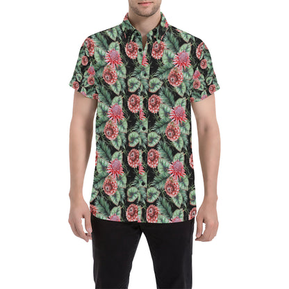 Dahlia Pattern Print Design DH06 Men's Short Sleeve Button Up Shirt