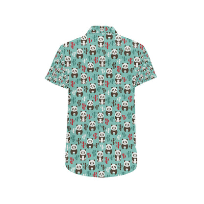 Panda Bear Cute Themed Print Men's Short Sleeve Button Up Shirt
