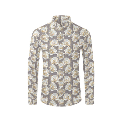 Elegant Grey Flower Print Men's Long Sleeve Shirt