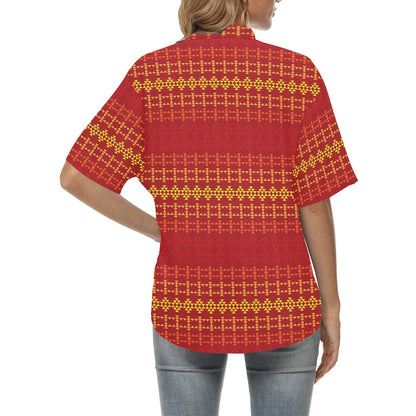 Southwest Red Gold Design Themed Print Women's Hawaiian Shirt