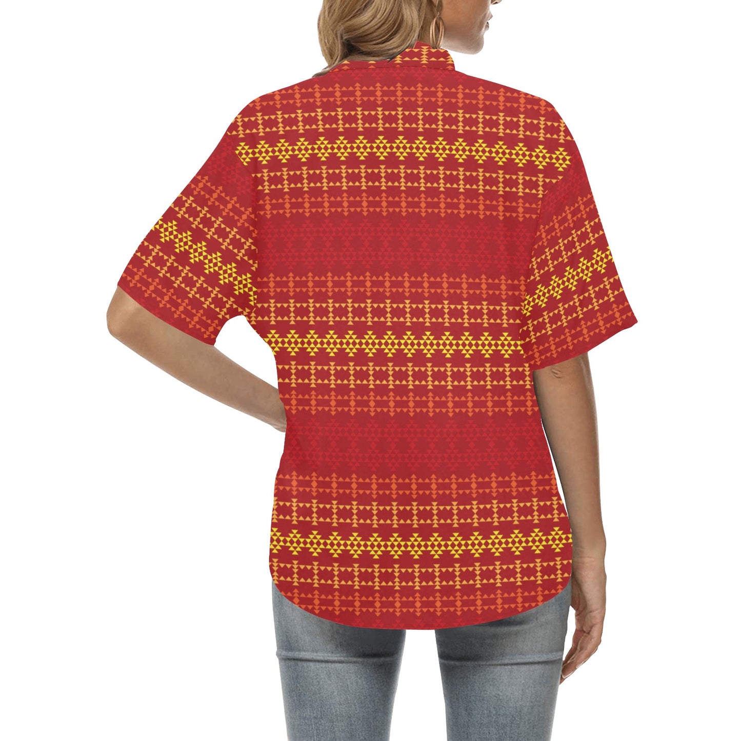 Southwest Red Gold Design Themed Print Women's Hawaiian Shirt