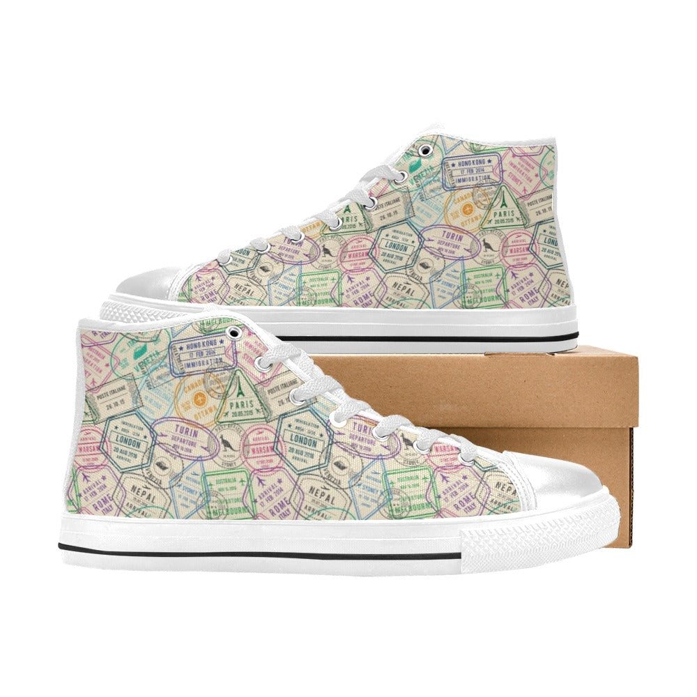 Travel Stamp Print Design LKS303 High Top Women's White Shoes