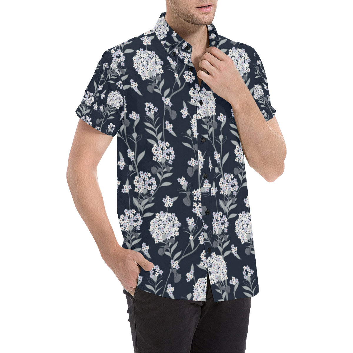 Hydrangea Pattern Print Design HD07 Men's Short Sleeve Button Up Shirt