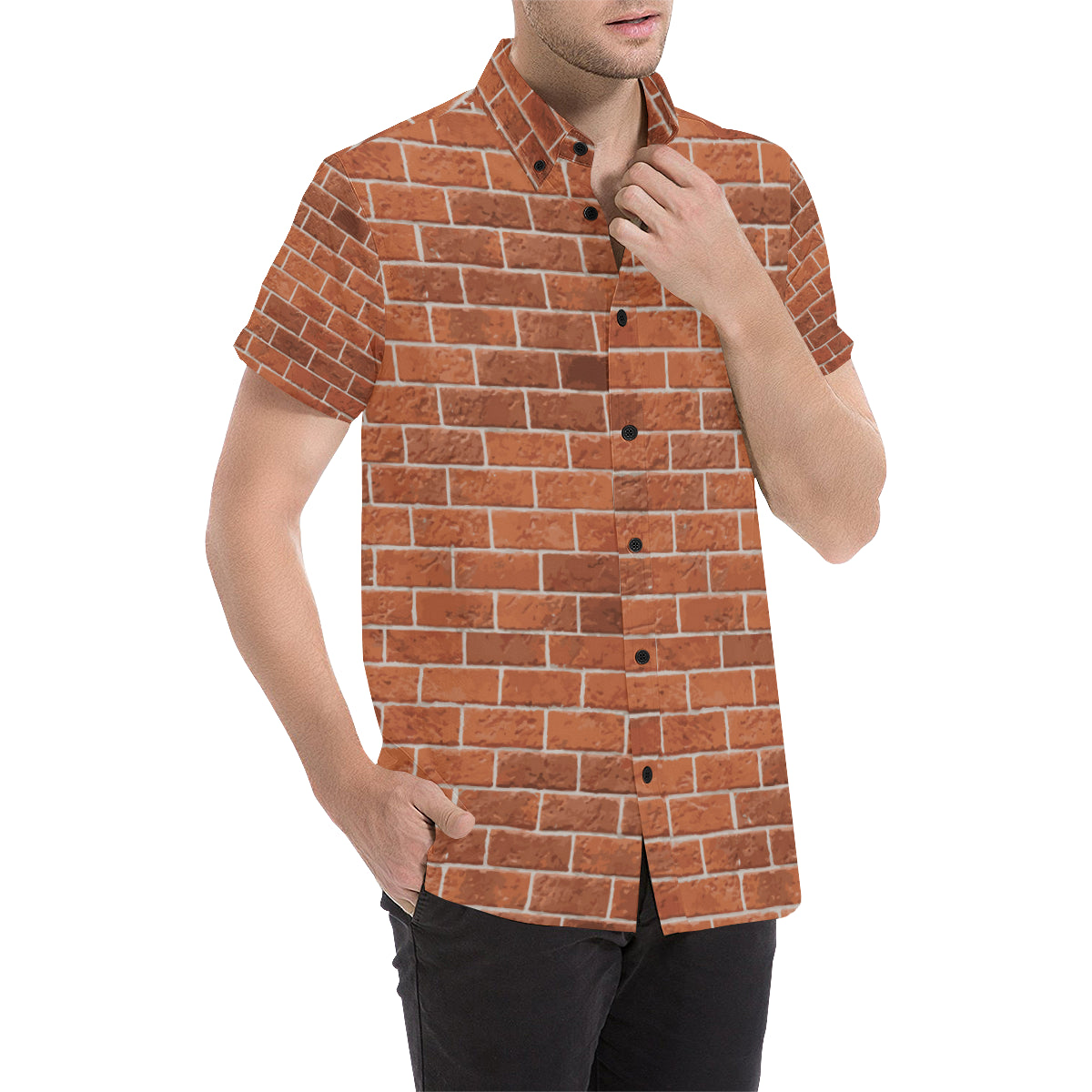 Brick Brown Pattern Print Design 02 Men's Short Sleeve Button Up Shirt