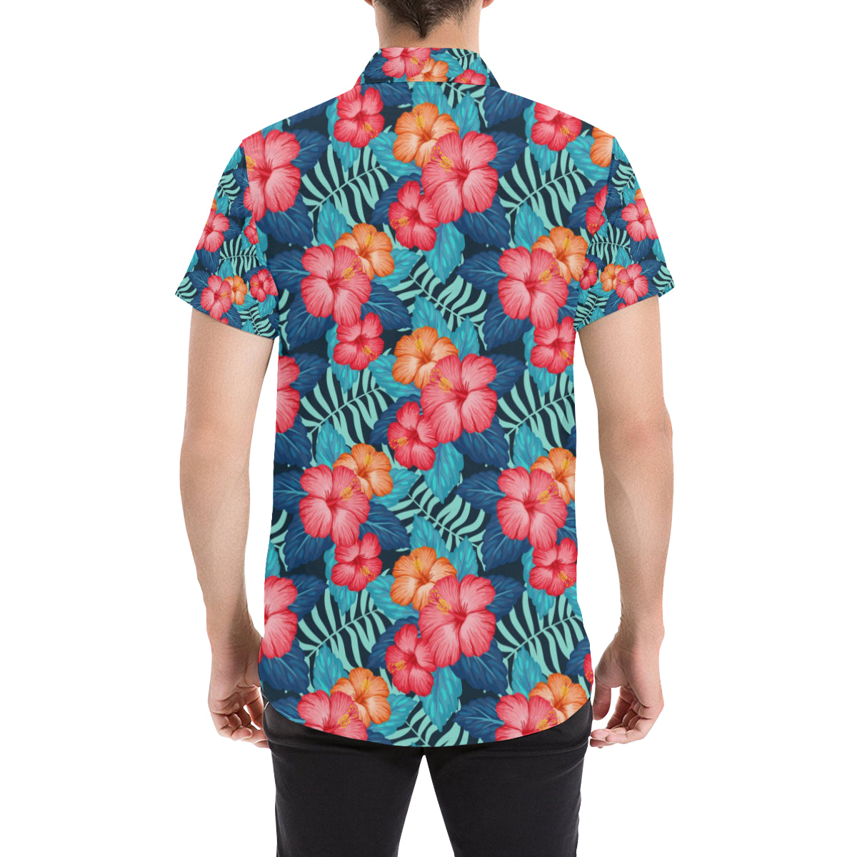 Red Hibiscus Pattern Print Design HB02 Men's Short Sleeve Button Up Shirt