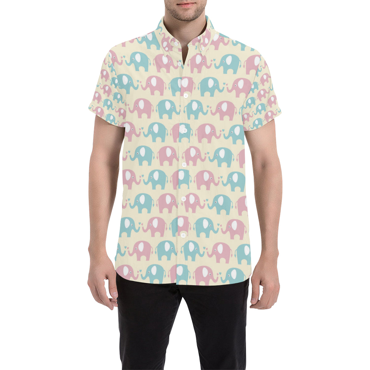 Elephant Baby Pastel Print Pattern Men's Short Sleeve Button Up Shirt