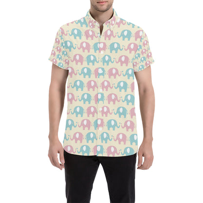 Elephant Baby Pastel Print Pattern Men's Short Sleeve Button Up Shirt
