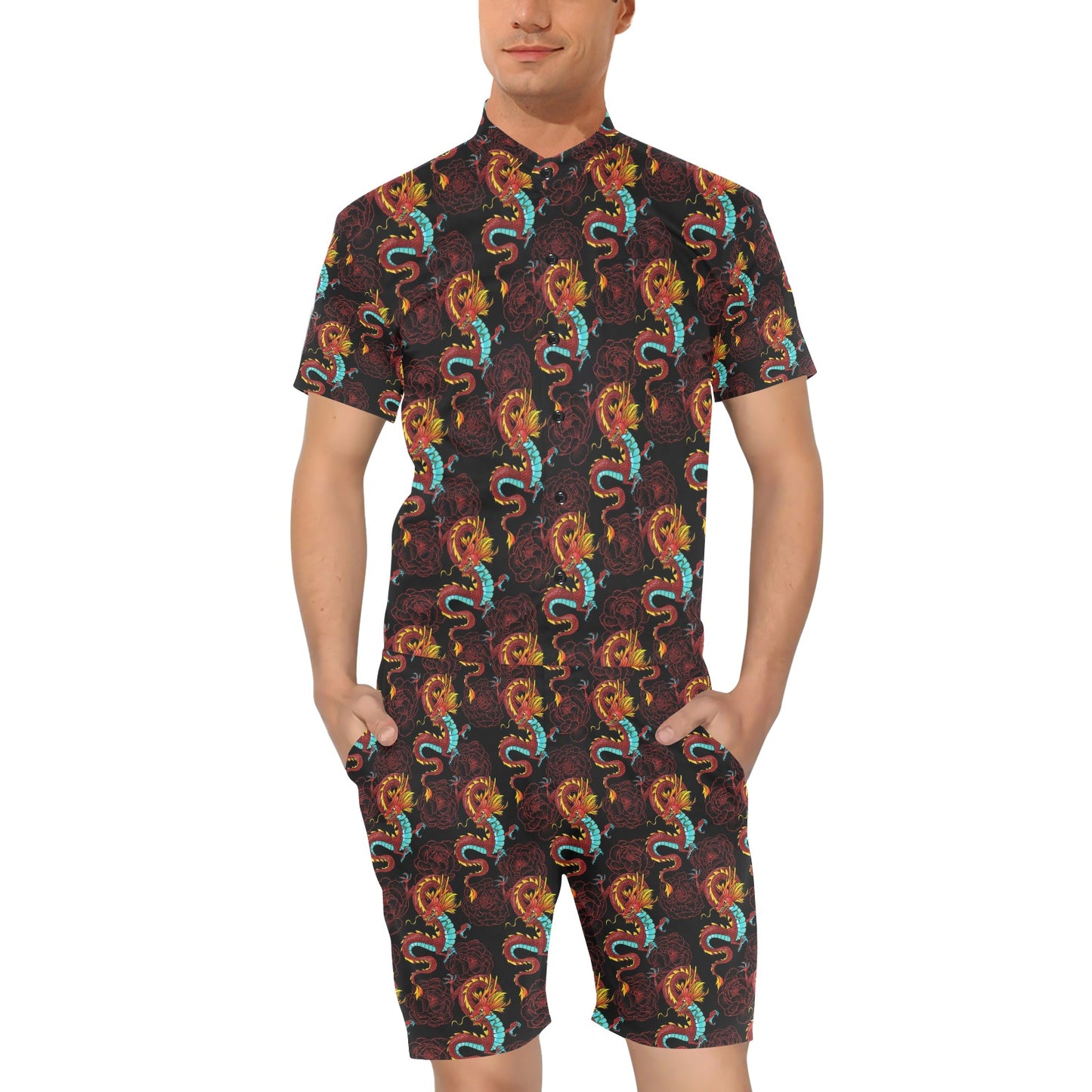Chinese Dragons and Peonies Design Men's Romper