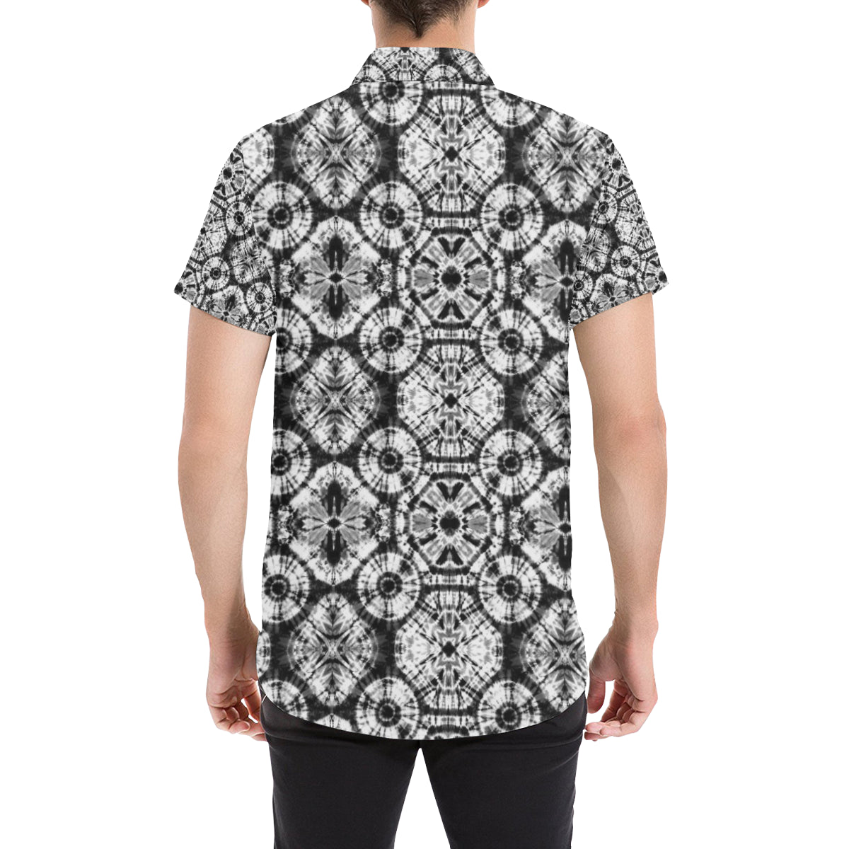 Tie Dye Black White Design Print Men's Short Sleeve Button Up Shirt