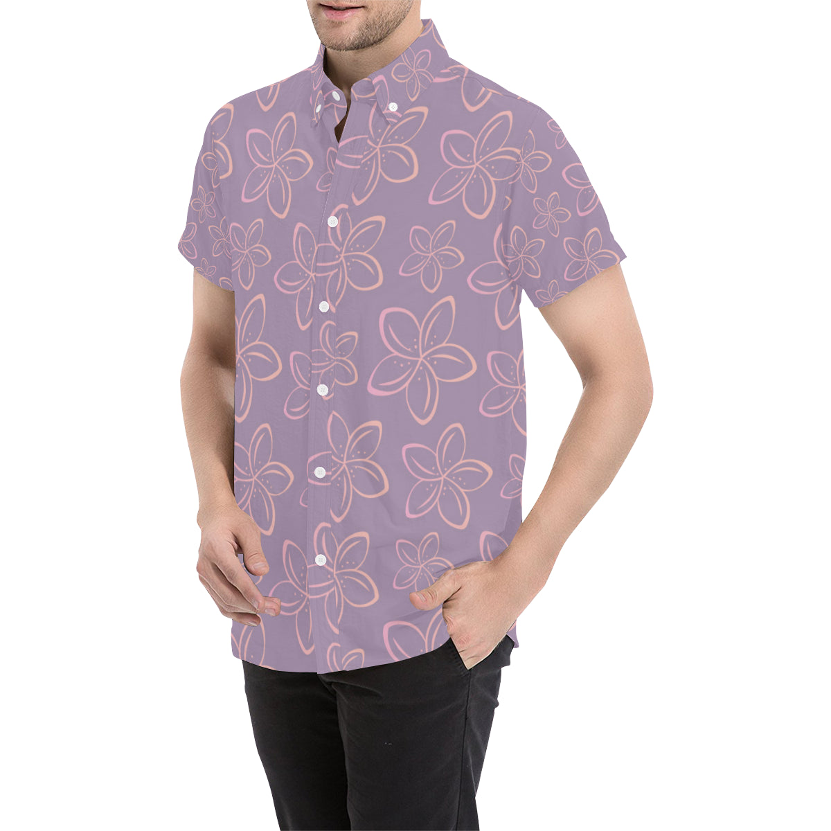 Plumeria Pattern Print Design A01 Men's Short Sleeve Button Up Shirt