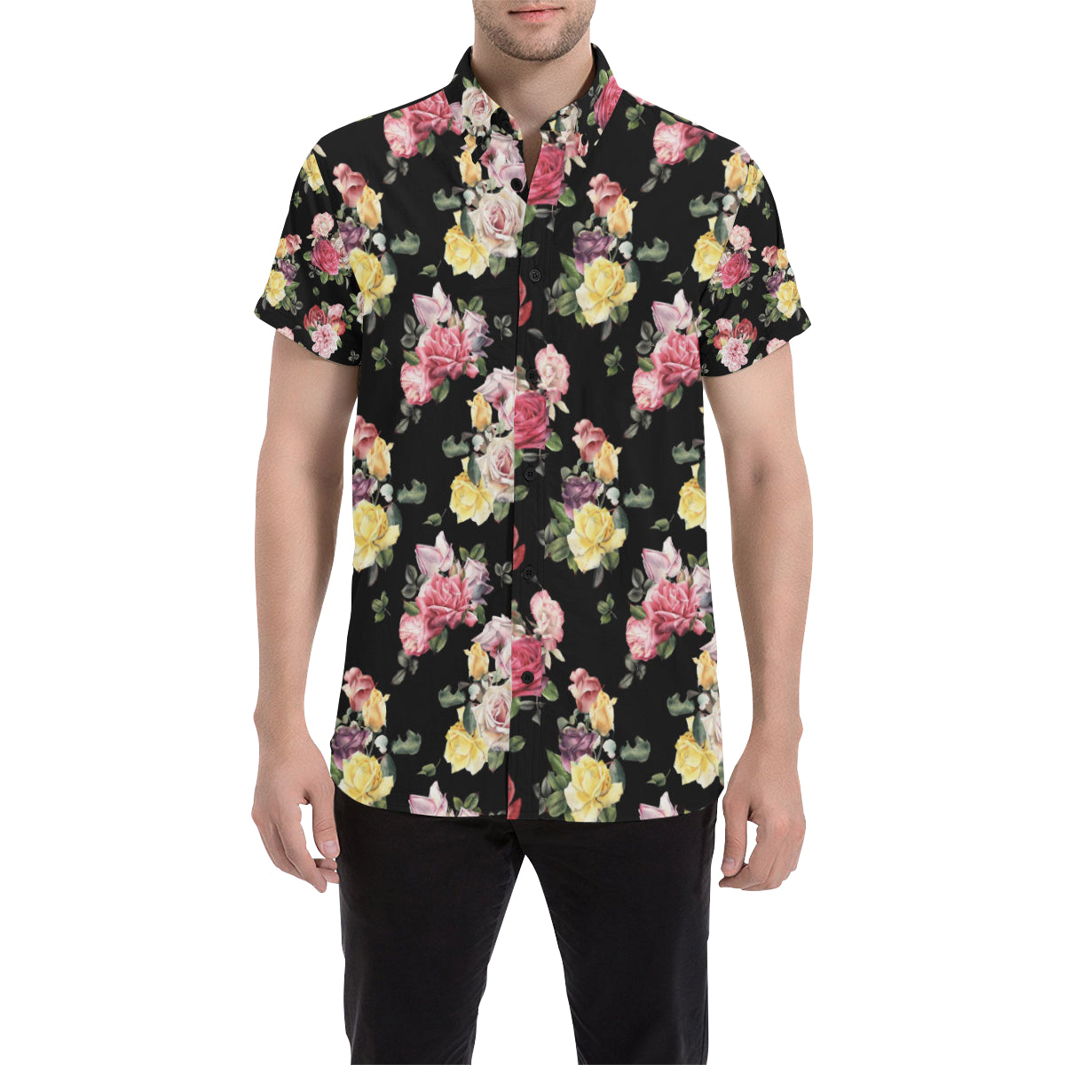 Rose Pattern Print Design RO010 Men's Short Sleeve Button Up Shirt