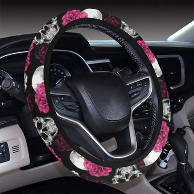 Pink Rose Skull Themed Print Steering Wheel Cover with Elastic Edge