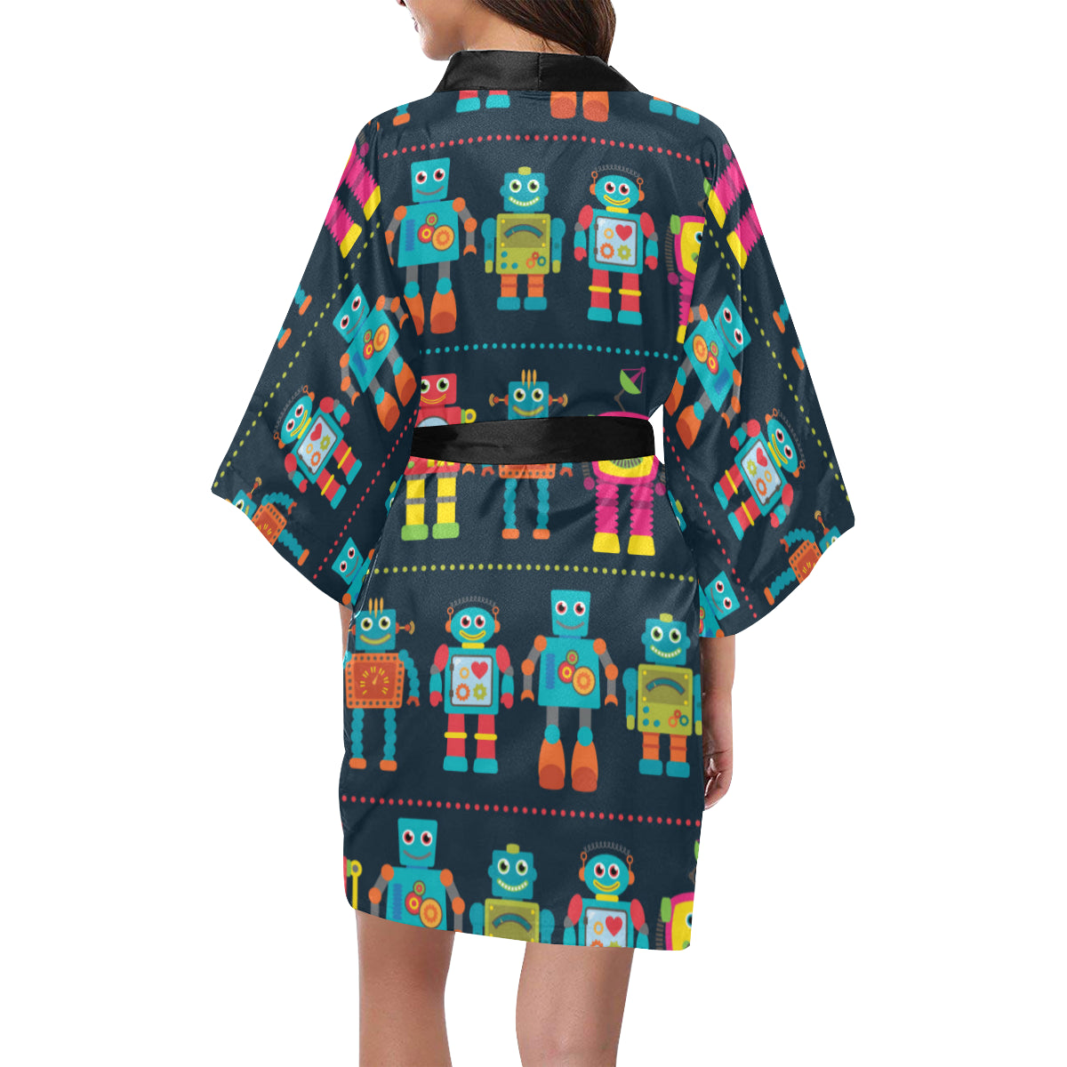 Robot Pattern Print Design A01 Women's Short Kimono
