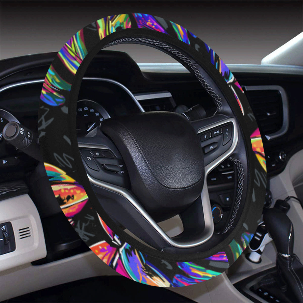 Neon Color Tropical Palm Leaves Steering Wheel Cover with Elastic Edge