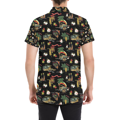 Hawaiian Island Themed Print Men's Short Sleeve Button Up Shirt