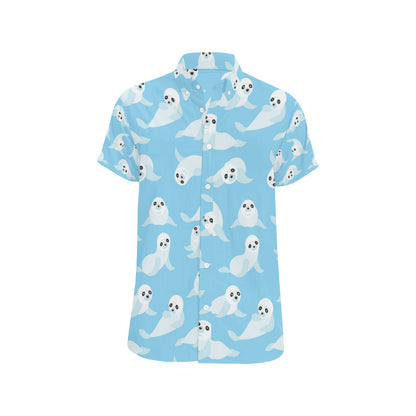 Sea Lion Cute Pattern Print Design 03 Men's Short Sleeve Button Up Shirt